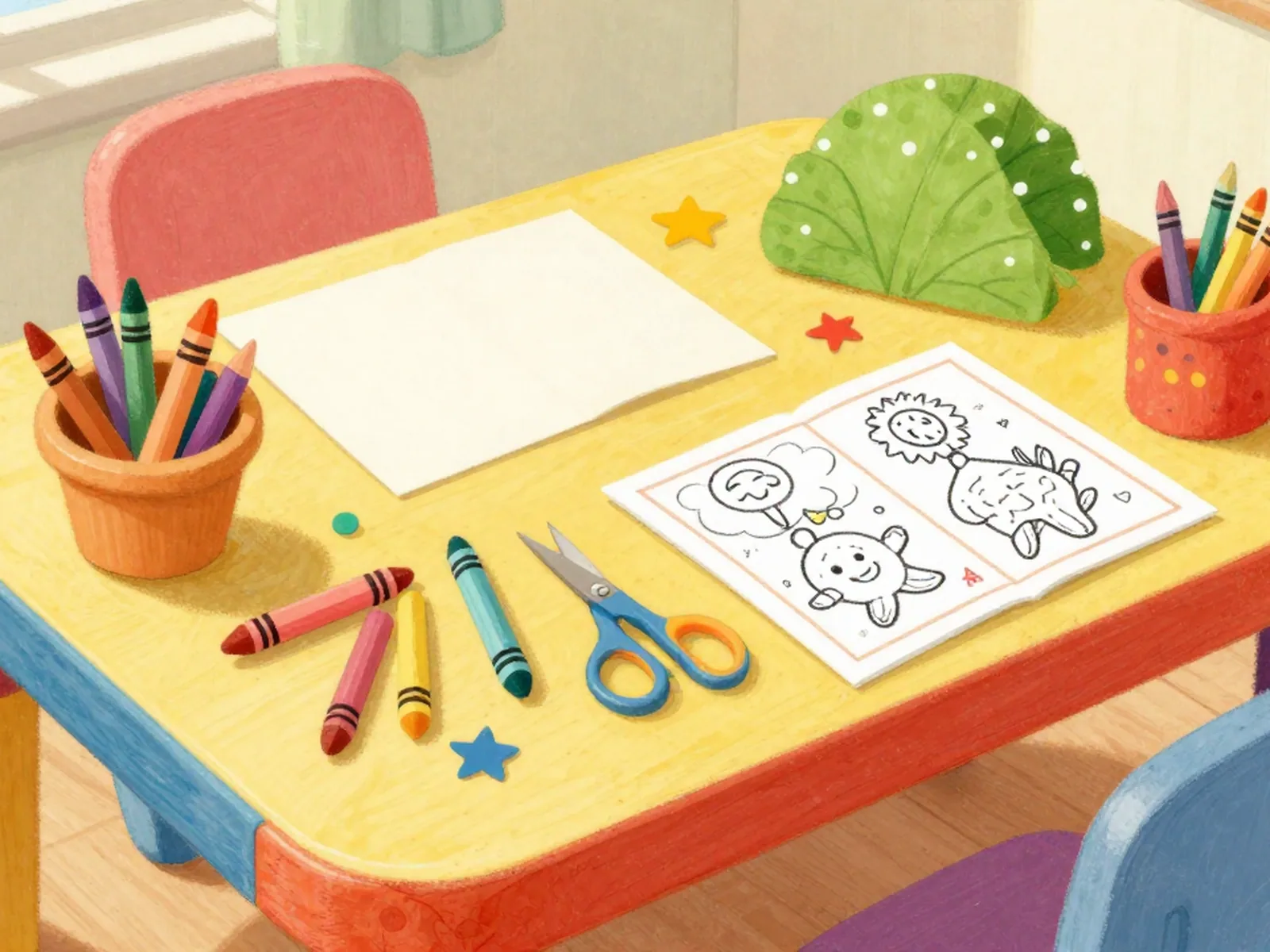 A craft table covered in colouring pages