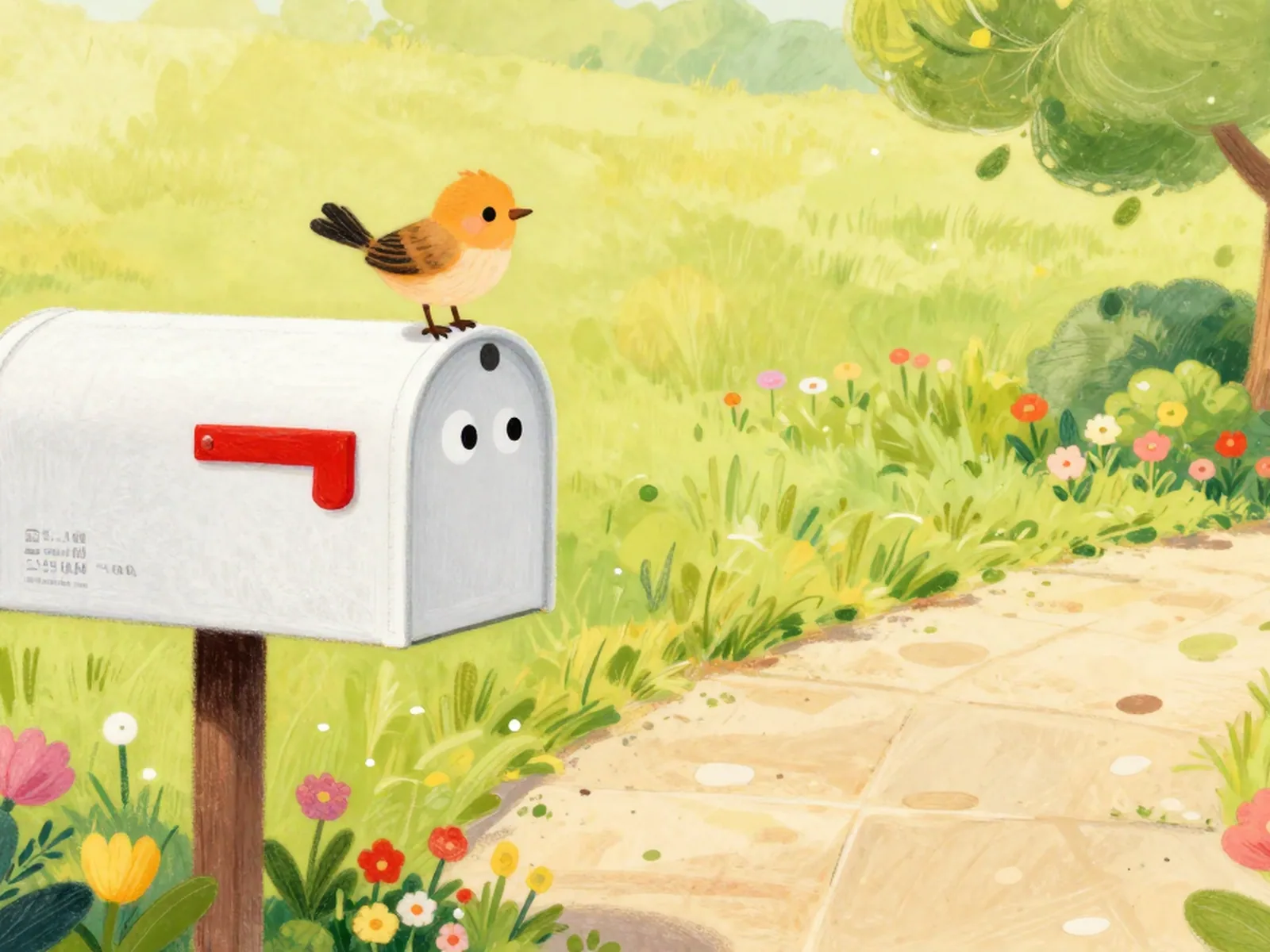 A friendly mailbox on a garden path