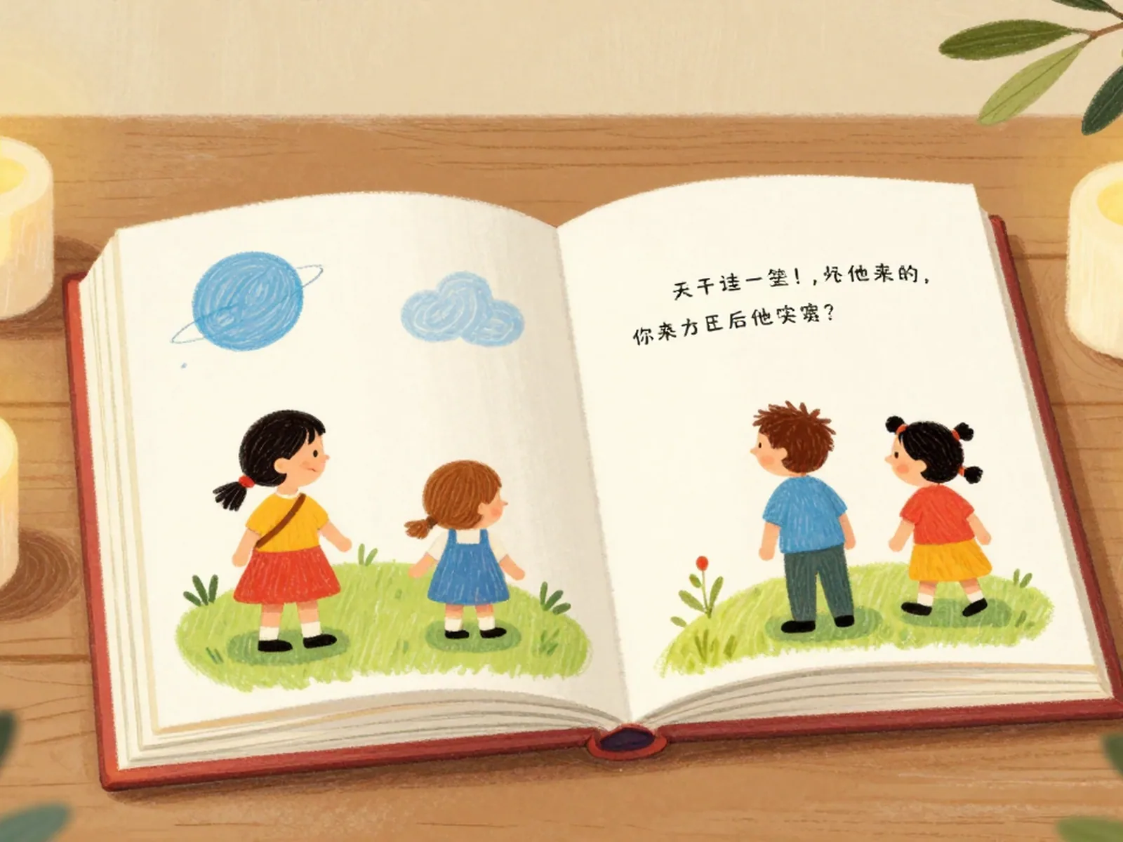 An open storybook on a table